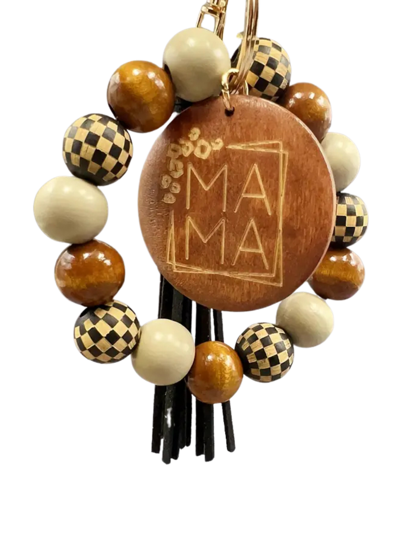 Wooden Checkered Mama Circle Key Ring