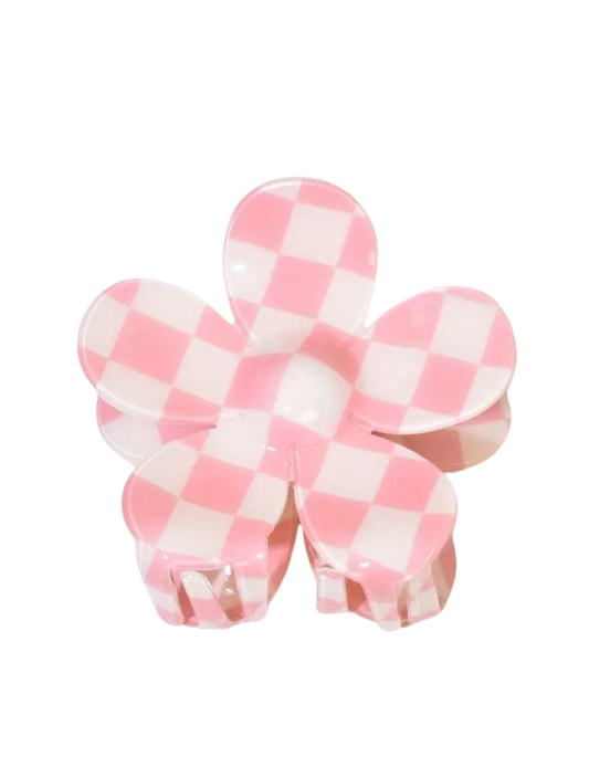 Pink Checkered Flower Hair Clip