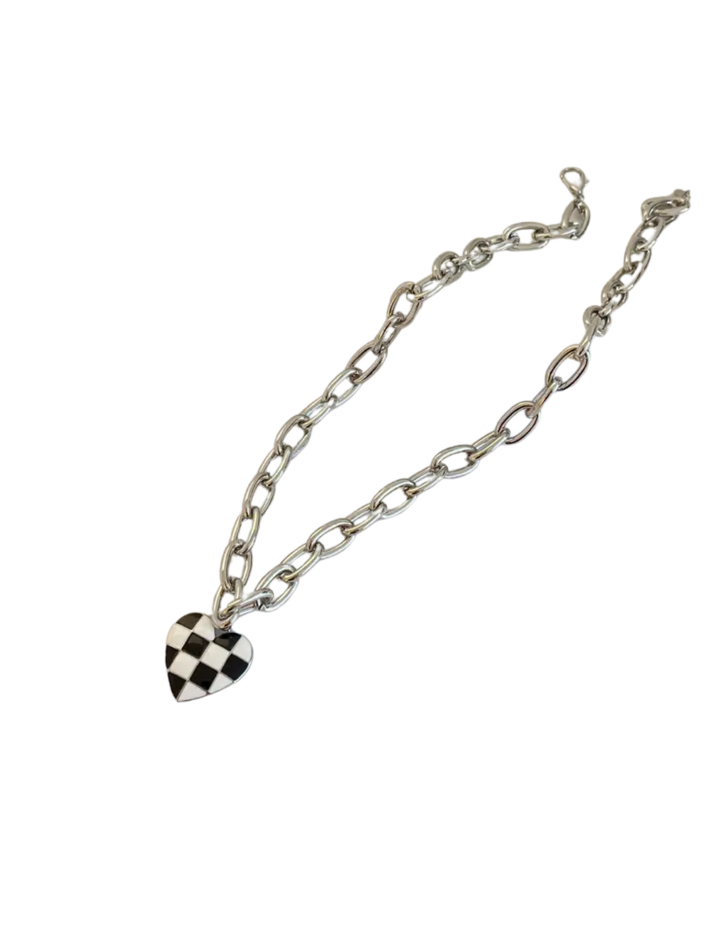 Checkered Heart Silver Chain Necklace